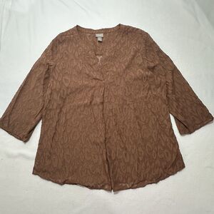 Chicos 2 Women's Large Brown Animal Print 3/4 Sleeve Sheer Blouse Pullover